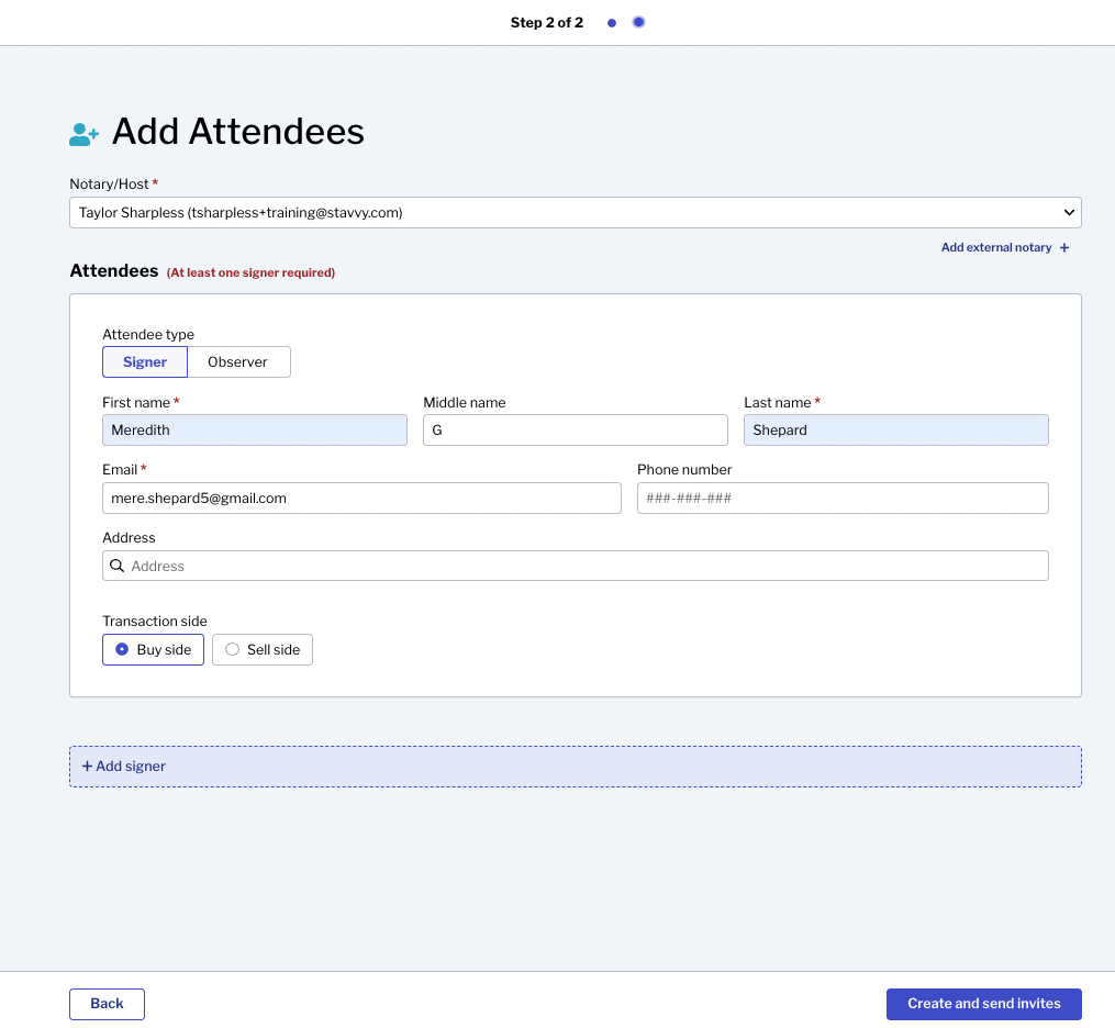 Screenshot of Add Attendees screen