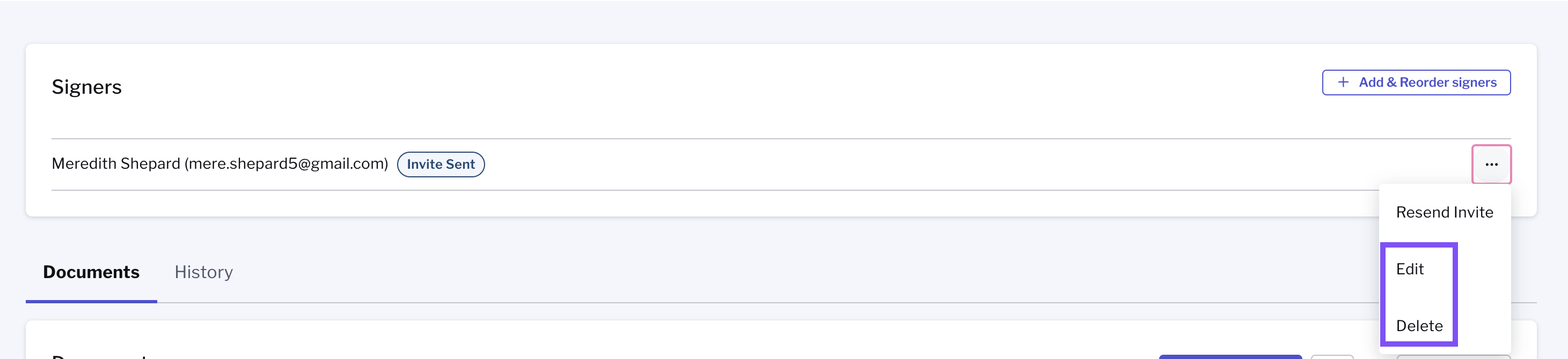 Screenshot of the drop down actions avaiable when clicking on the three dots beside the signers name